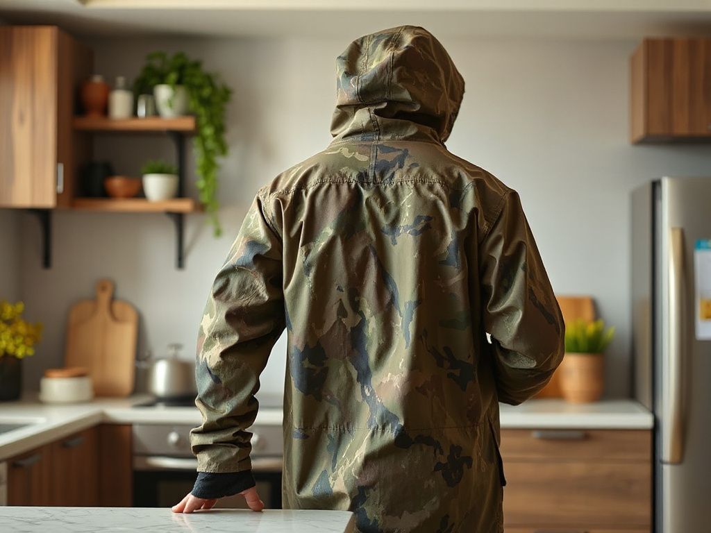 camouflage rain jacket - detailed view