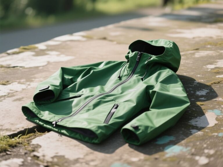green rain jacket, clothing