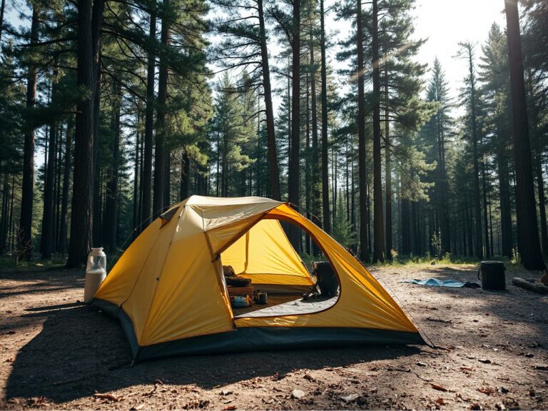 Sunlit forest clearing with a large, pitched tent surrounded by camping gear and tall pine trees