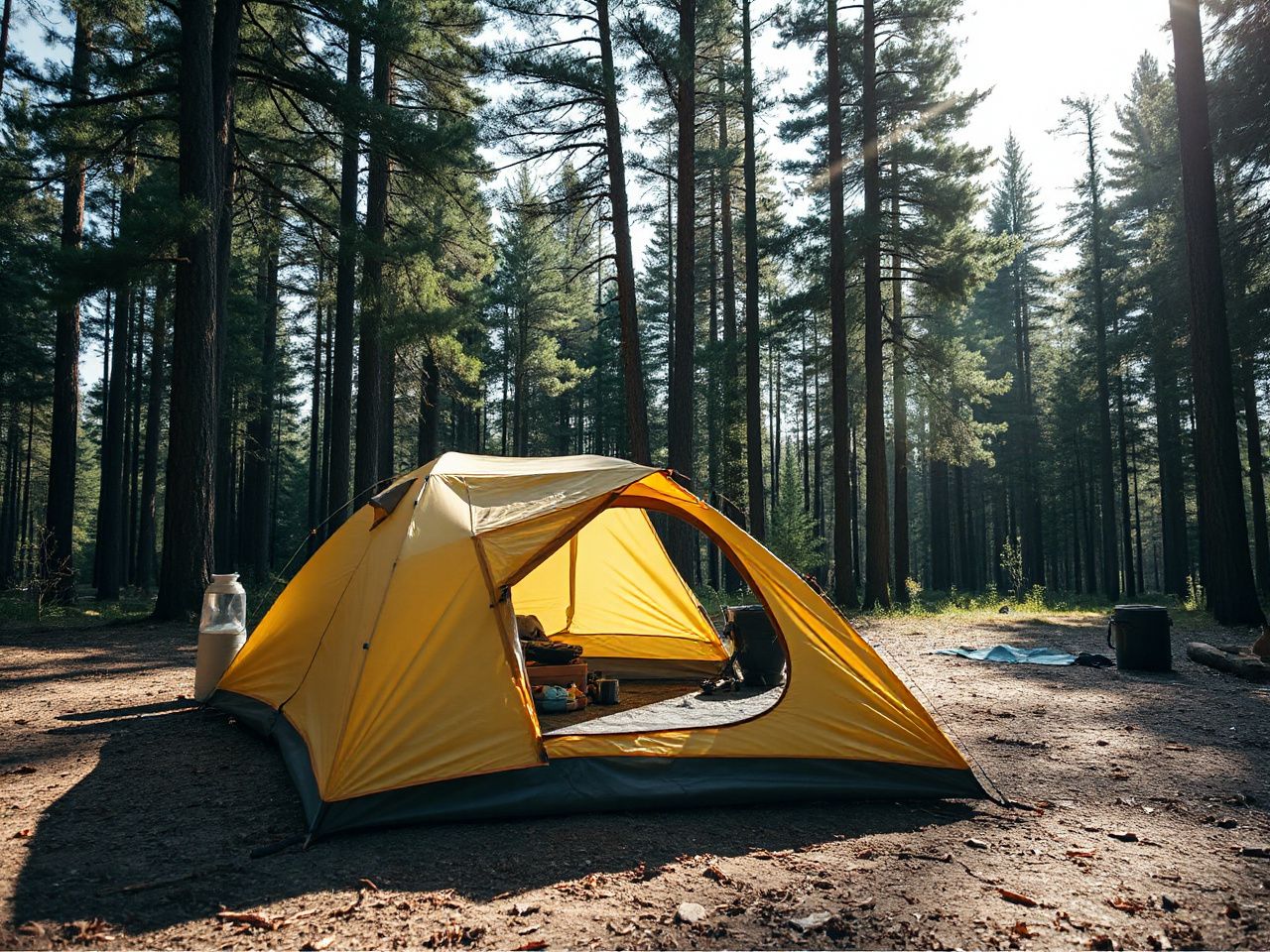 Sunlit forest clearing with a large, pitched tent surrounded by camping gear and tall pine trees
