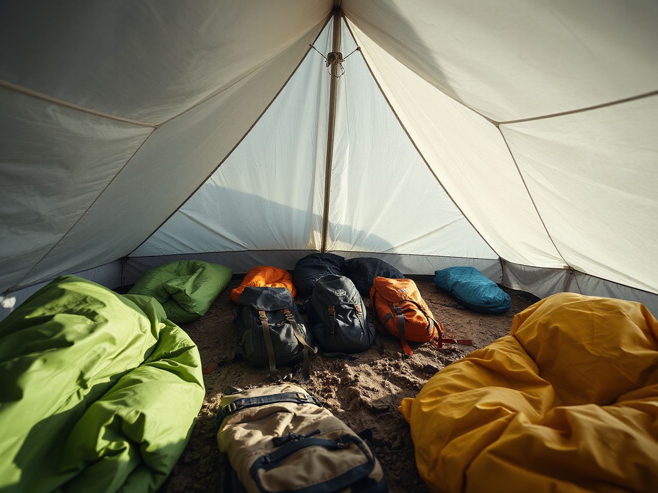 Spacious tent interior with sleeping bags and backpacks neatly arranged on the ground under soft daylight