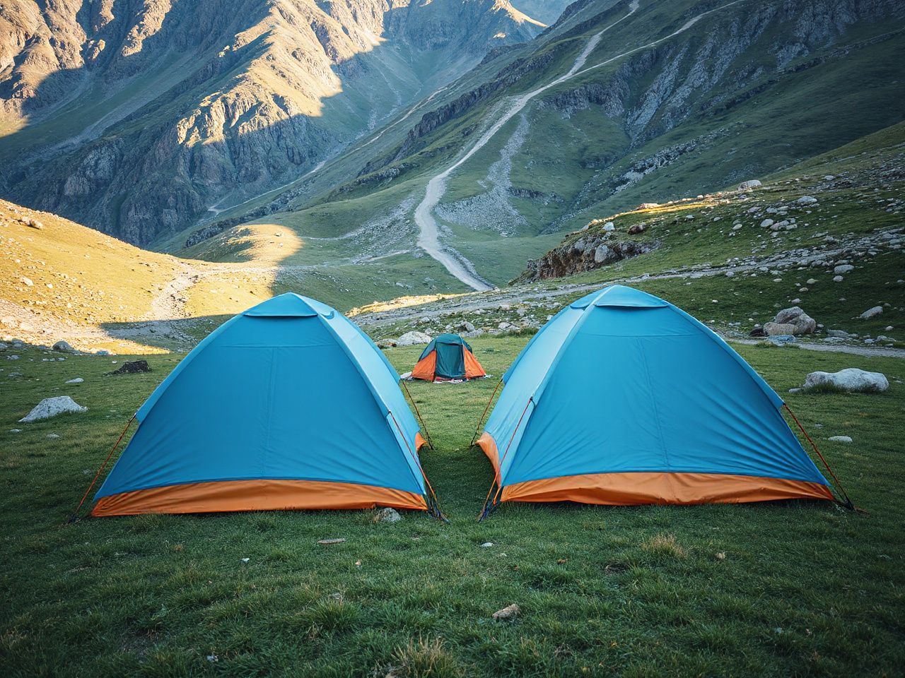 Side-by-side tents with distinct wall angles set up on a grassy campsite near a winding mountain trail