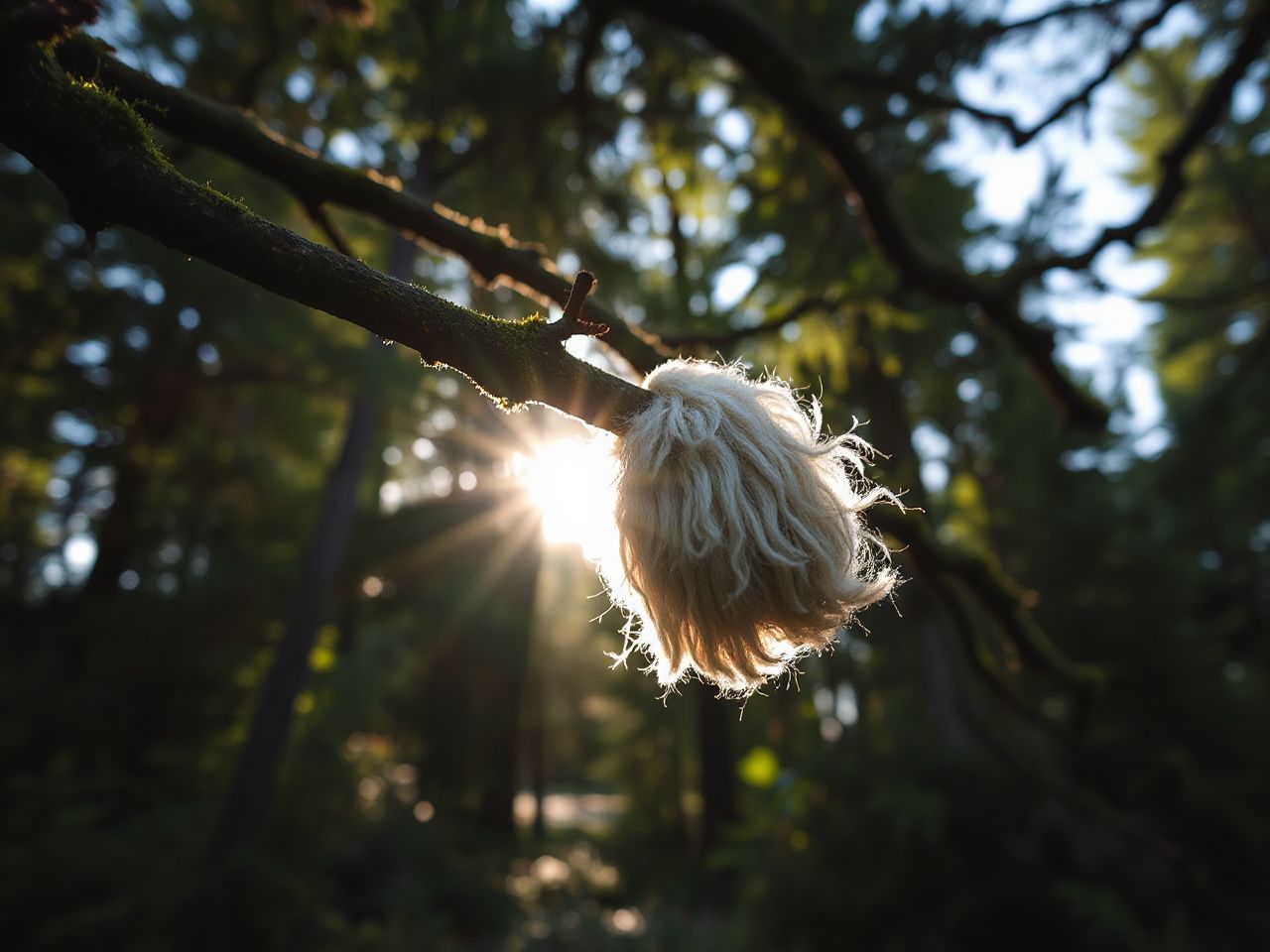 Sunlight filtering through dense forest canopy, highlighting soft wool fibers caught on a mossy branch