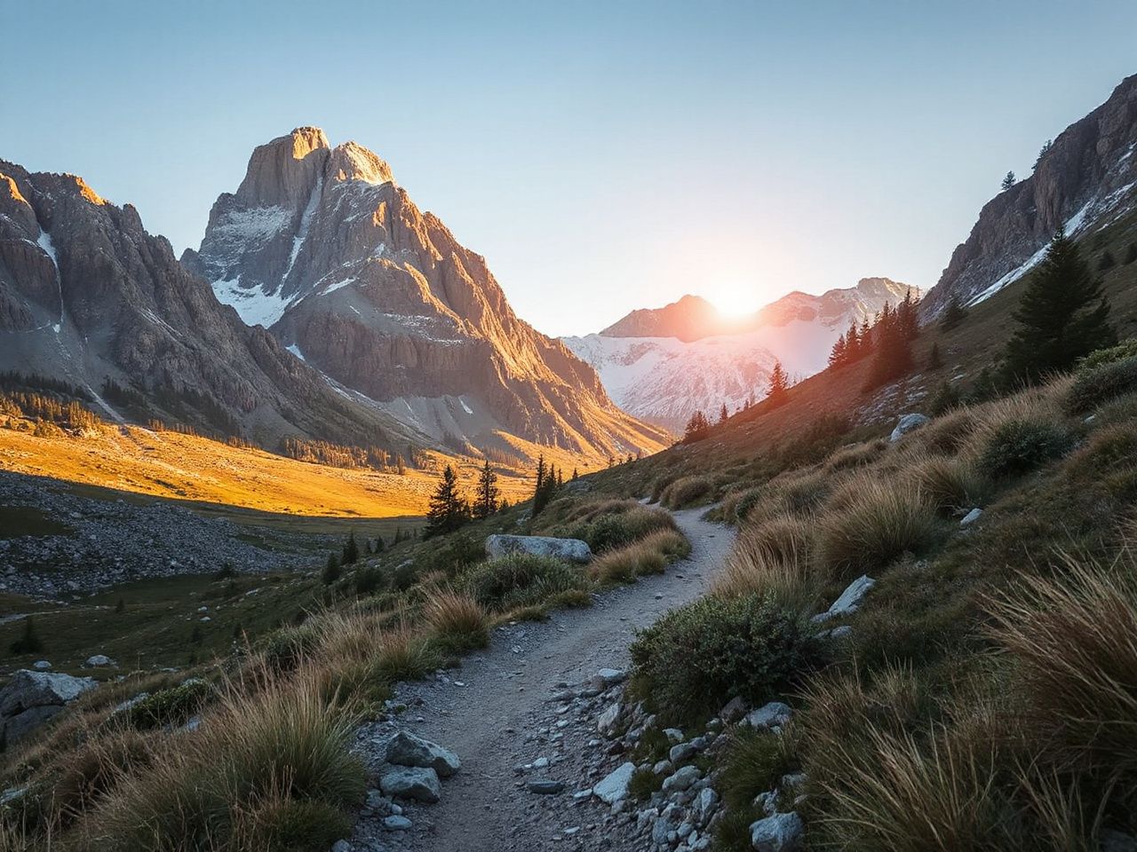 Rocky mountain trail bathed in morning light, illustrating natural temperature contrasts ideal for merino wool wear