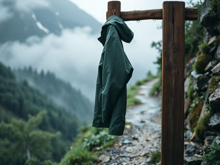 A plain dark green waterproof jacket hanging on a wooden post beside a misty mountain trail, raindrops on the fabric