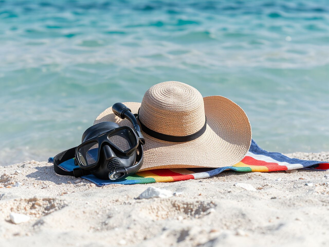Sandy beach shoreline with snorkeling gear and a wide-brimmed hat resting on a colorful towel by turquoise water