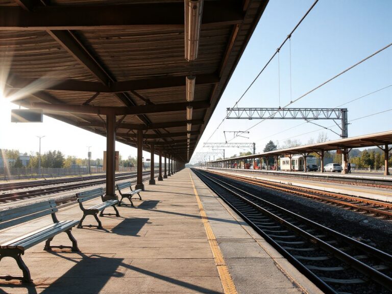 Sunlit train station platform with empty benches and tracks stretching into the distance under a clear sky