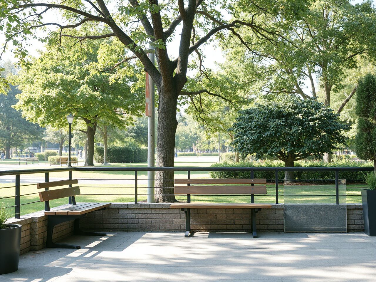 Quiet outdoor seating area near a leafy park, bathed in soft daylight with shadows from nearby trees