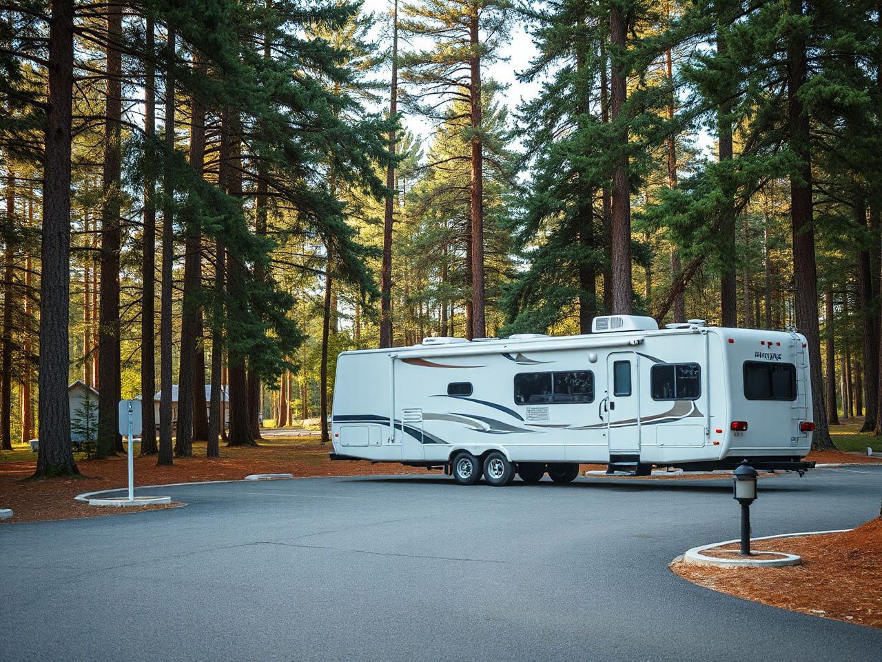 RV parked at a spacious campsite with visible electric hookup pedestal surrounded by tall pine trees