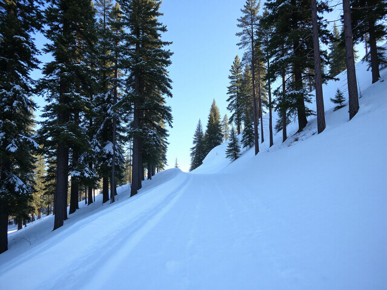 Snow-covered mountain trail winding through tall pine trees under a clear blue sky