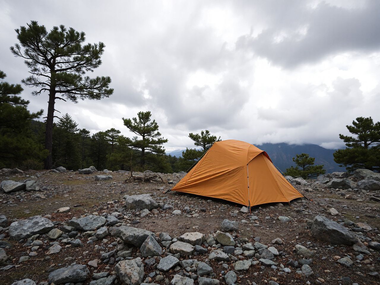 A sturdy tent pitched on rocky terrain beneath heavy clouds, surrounded by wind-swept pine trees