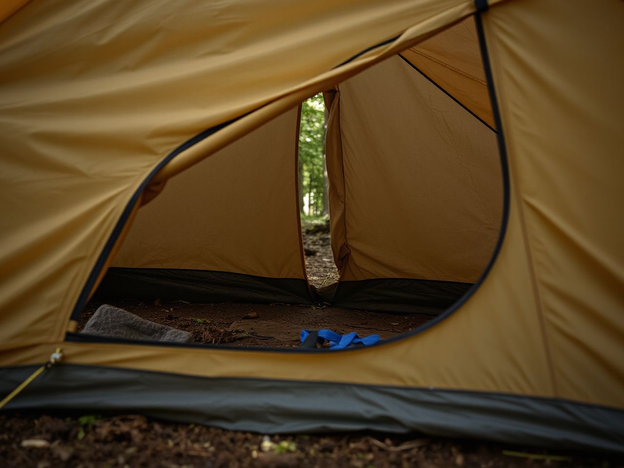 A close-up of a tent’s vestibule area with taut guy lines anchored into soft forest soil