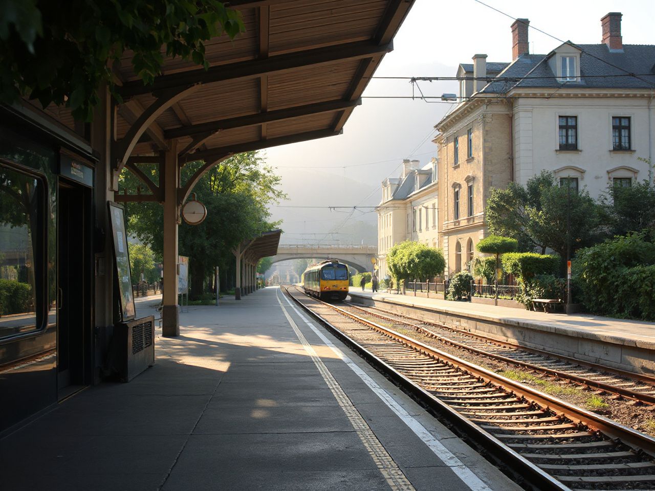Early morning light illuminates a quiet train platform framed by historic European architecture and lush greenery