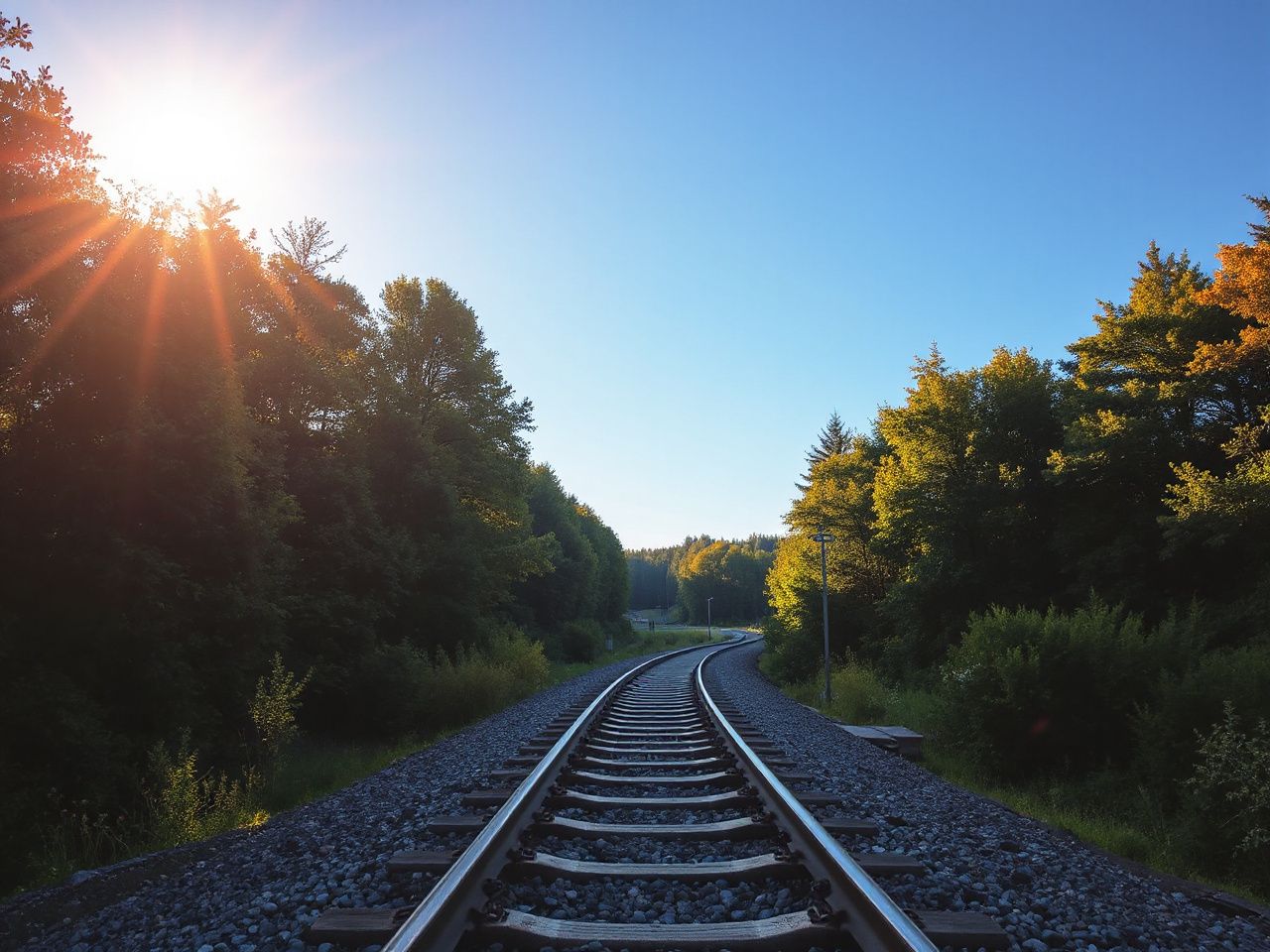 Sunlit train tracks curving through a dense green forest under a bright blue sky