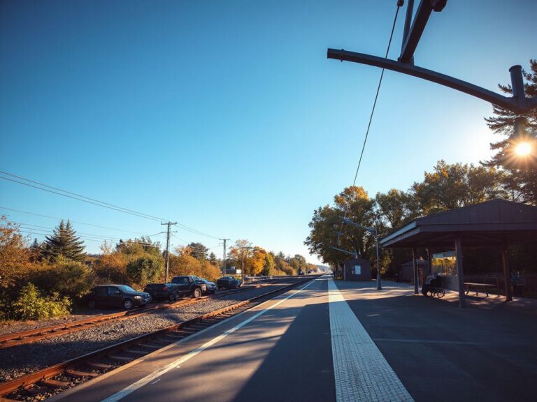 A bright morning at a quiet train station platform surrounded by trees and clear blue sky