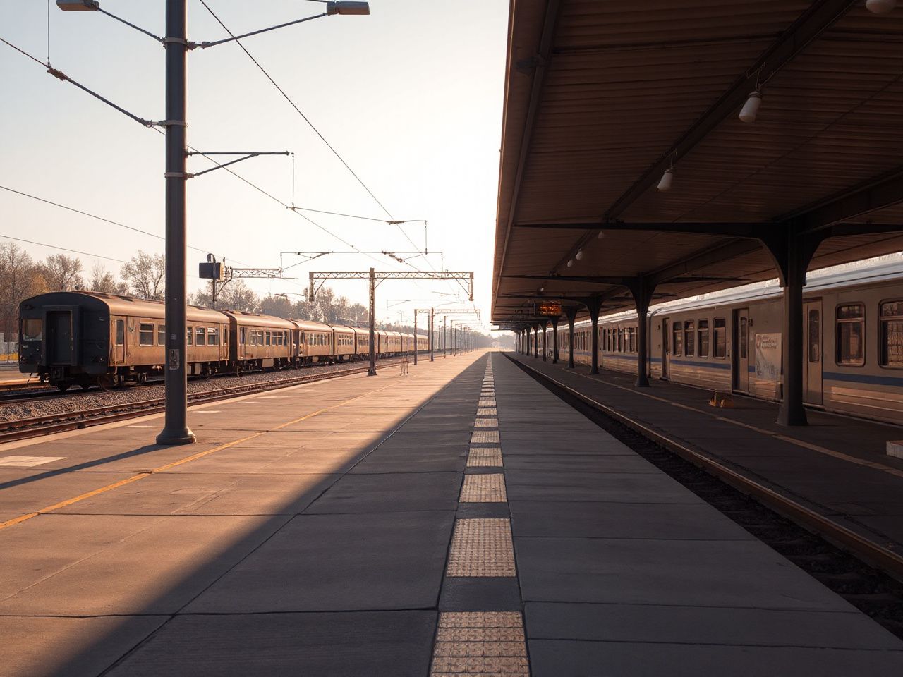 A quiet train platform bathed in morning light, with parked railcars and distant trees under a clear sky