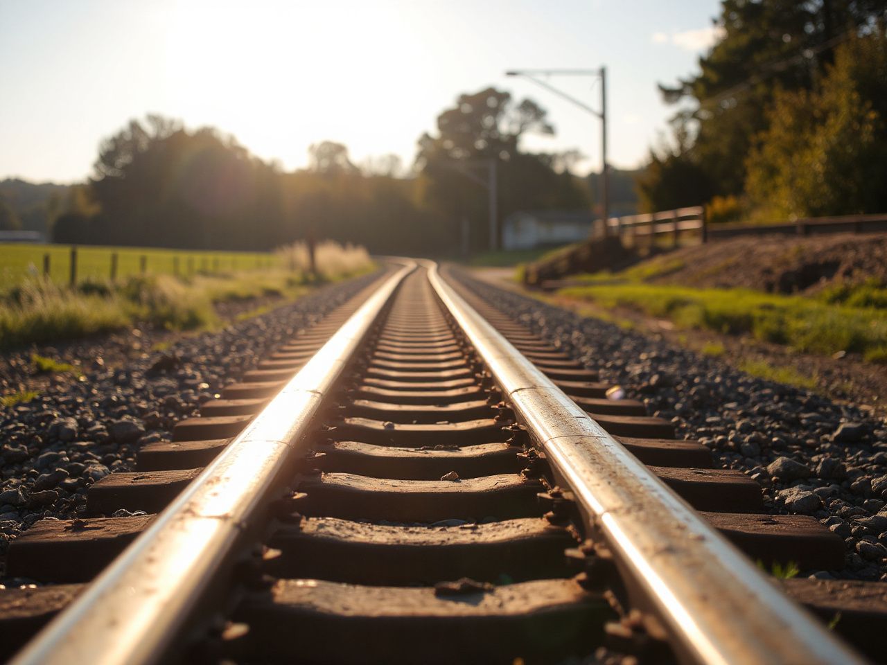 Sunlit railway tracks stretching through a quiet countryside, symbolizing the steady safety culture behind train travel