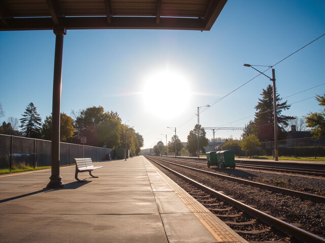 Sunlit train platform with benches and trash bins, surrounded by trees and clear blue sky