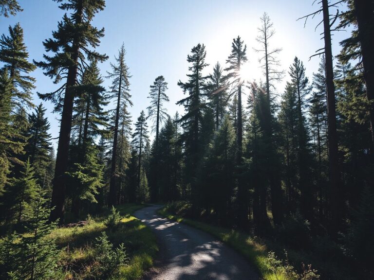 A sunlit forest trail winding through towering pine trees under a clear blue sky in Oregon State Park