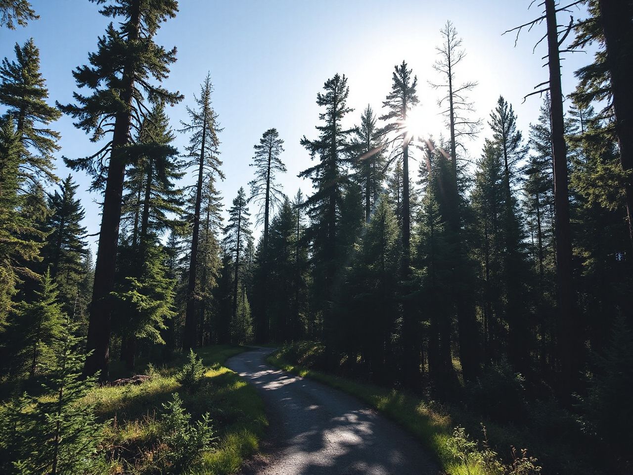 A sunlit forest trail winding through towering pine trees under a clear blue sky in Oregon State Park