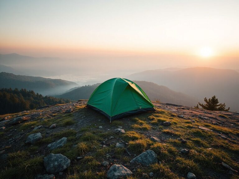 A small green tent on a ridge overlooking misty Appalachian mountains at sunrise
