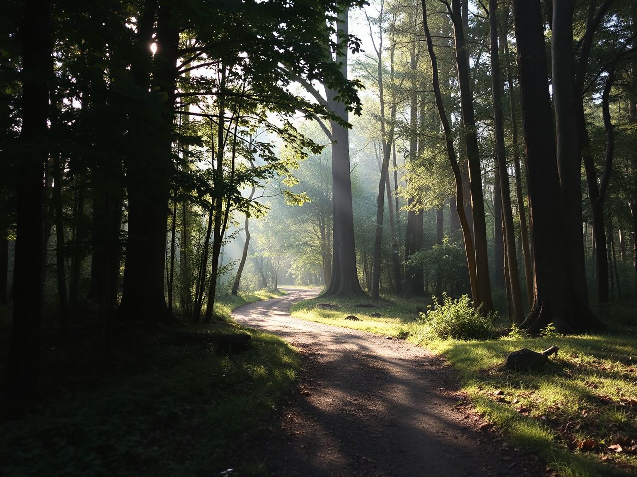 A winding forest trail bathed in soft morning light, inviting slow exploration through towering Appalachian trees