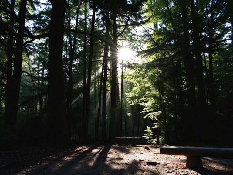Morning sunlight filters through dense forest trees along a quiet Appalachian Trail shelter clearing