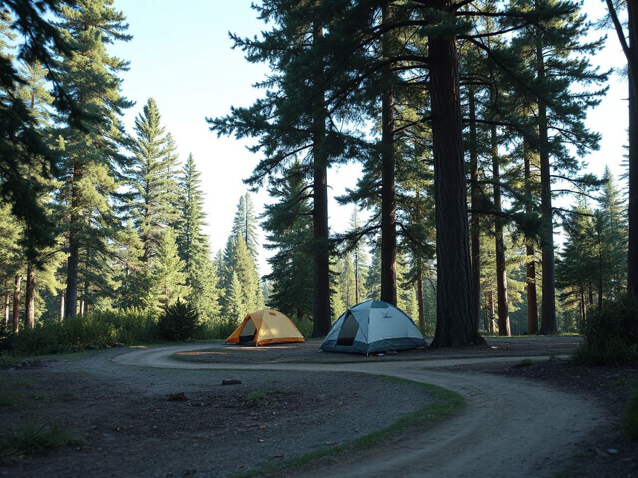 A quiet campsite nestled among tall pine trees with tents set up near a winding dirt path
