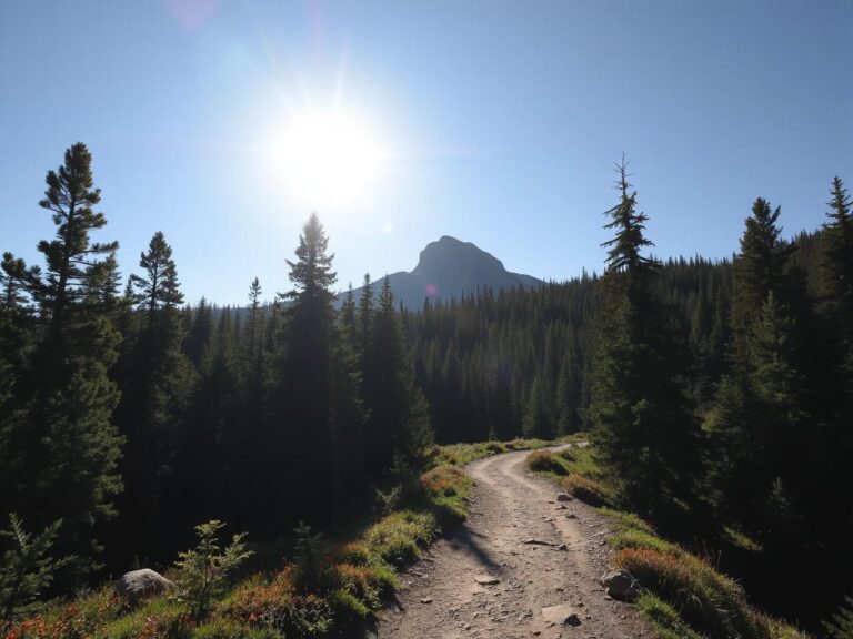 A sunlit mountain trail winding through dense pine forest under a clear blue sky