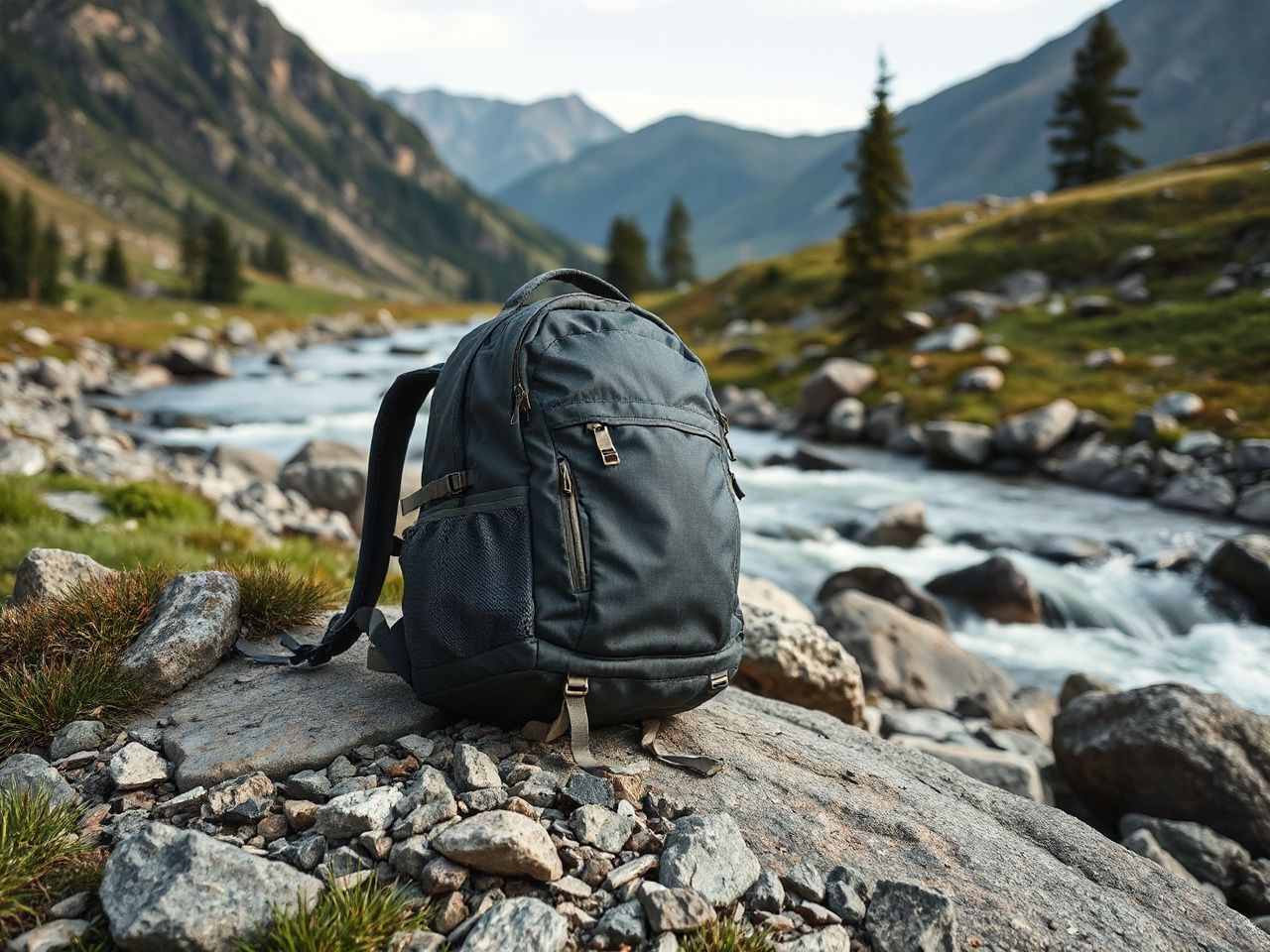 A neatly organized backpack resting on a rocky outcrop beside a flowing mountain stream