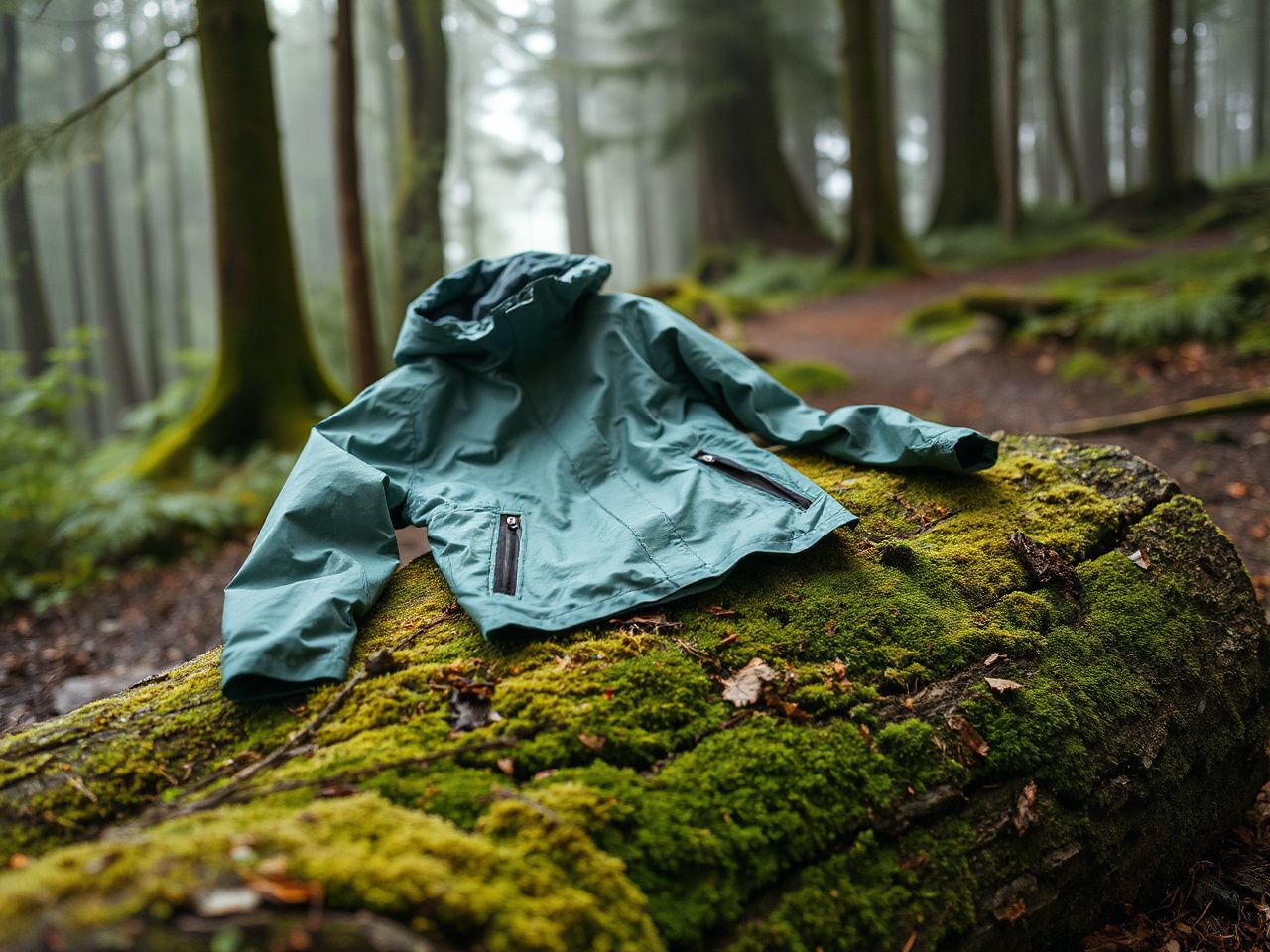A lightweight rain jacket draped over a mossy log near a misty forest path