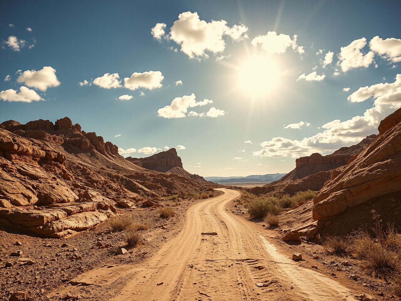 Sunlit dirt trail winding through rugged Badlands terrain under a clear blue sky with scattered clouds