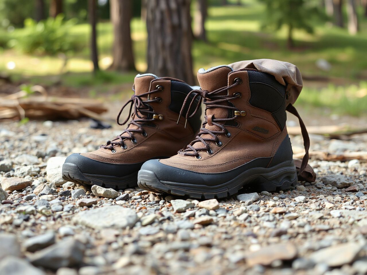 Sturdy hiking boots resting on rocky ground beside a well-worn backpack near a shaded campsite clearing