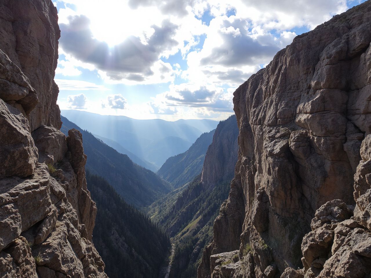 A rugged cliff face overlooking a deep valley, bathed in morning sunlight with scattered clouds above