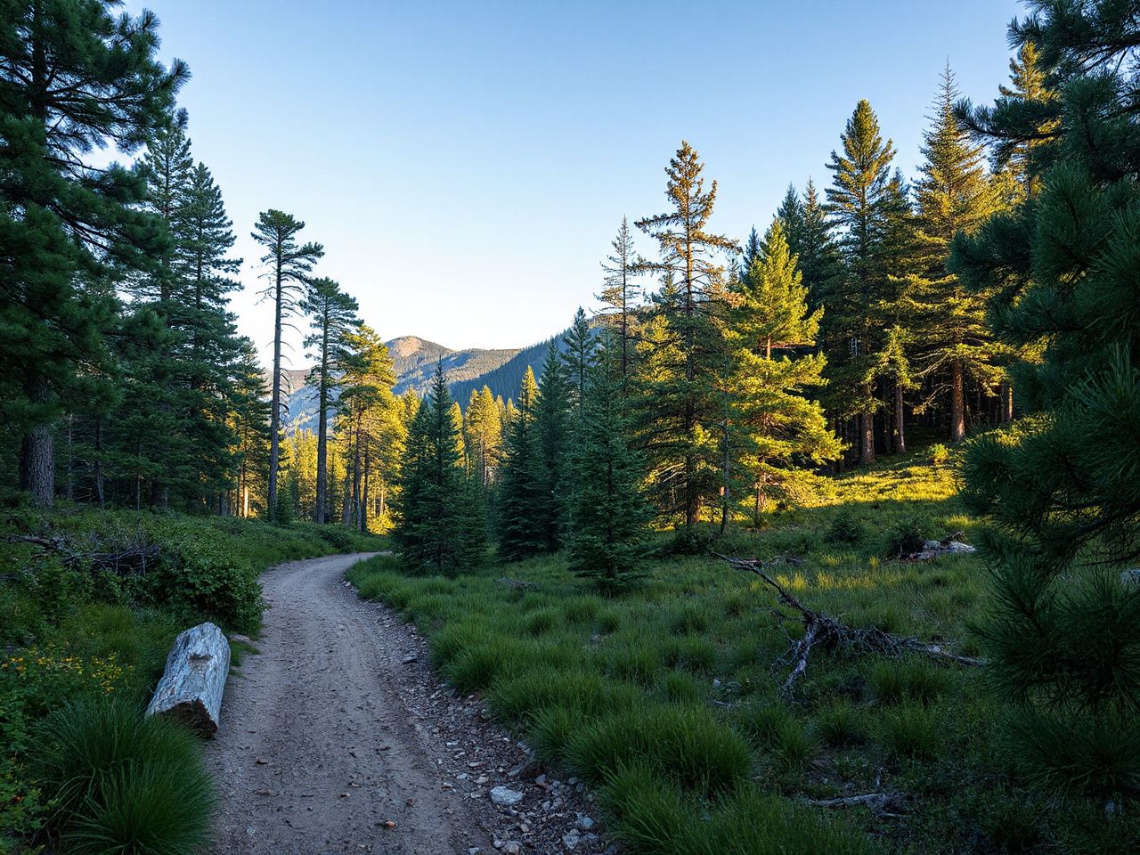 A remote mountain trail winding through dense pine forest under bright daylight, symbolizing untracked outdoor risks