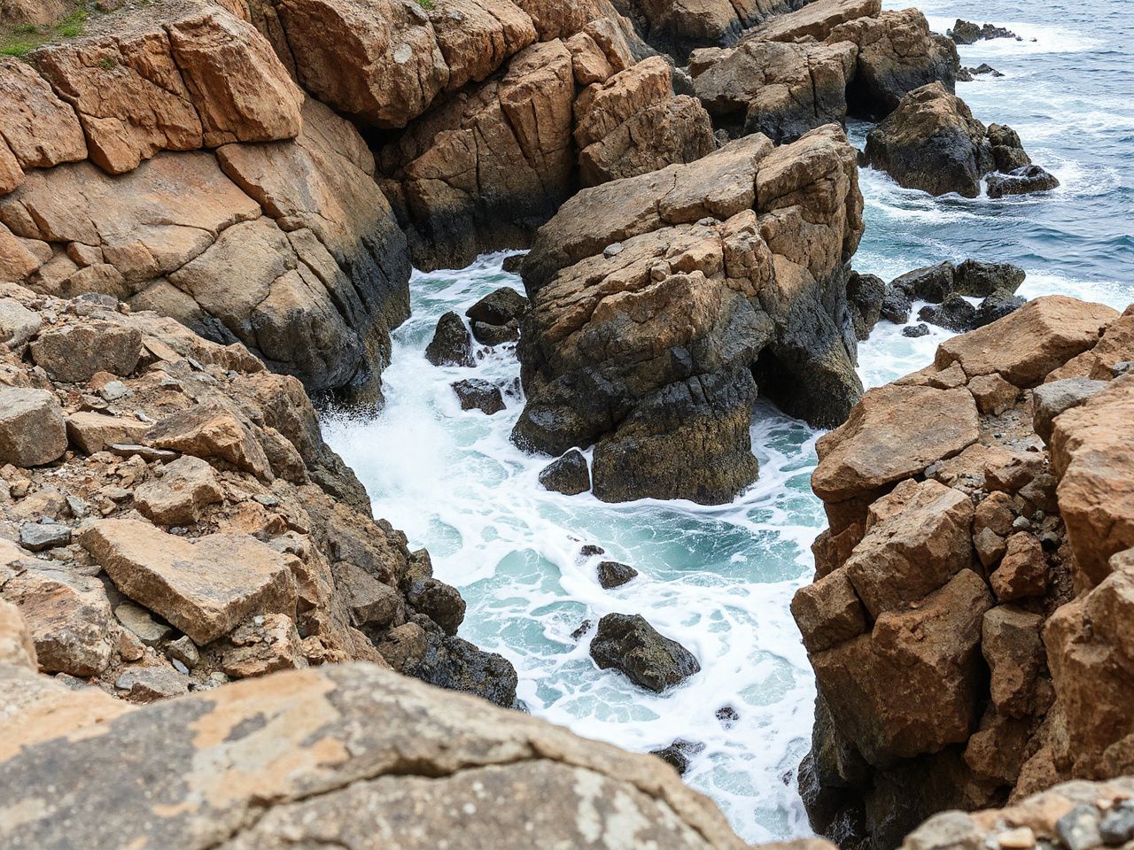 A rocky shoreline with jagged outcrops and crashing waves, illustrating varied terrain impacting base jumping danger
