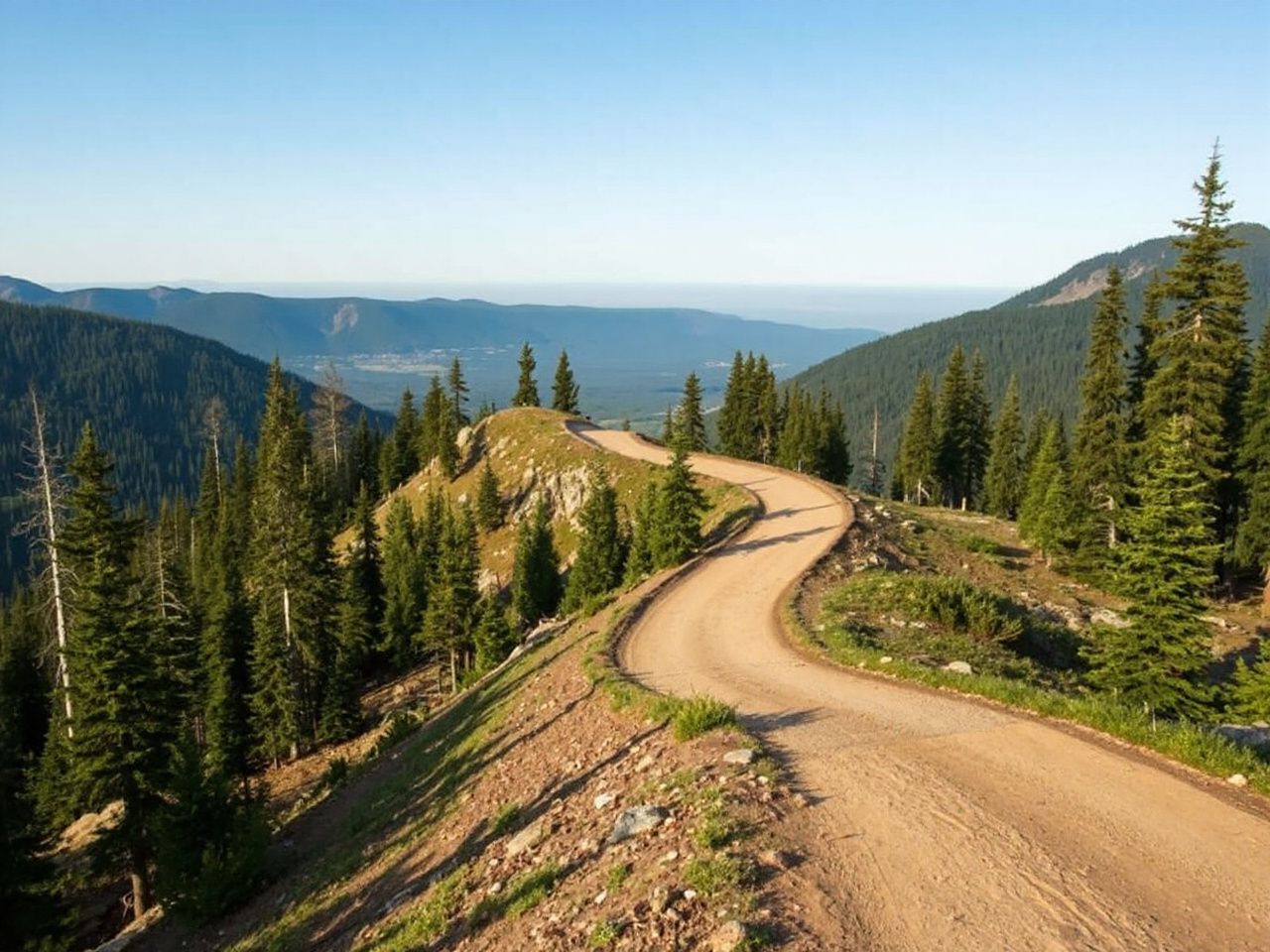 A winding mountain trail with a sharp bermed turn surrounded by dense evergreen forest under clear skies