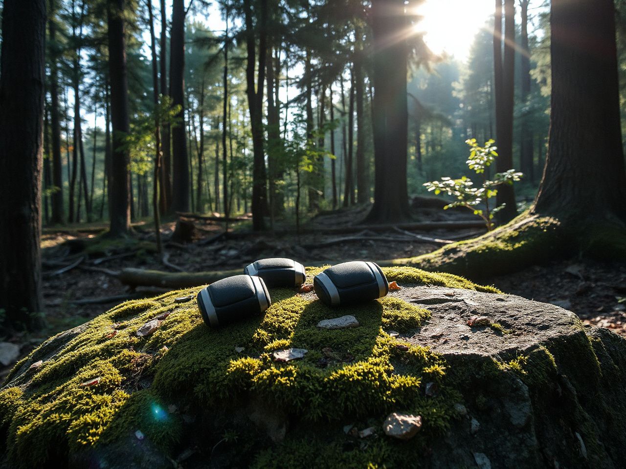 A sunlit forest clearing with scattered knee and elbow pads resting on a moss-covered rock