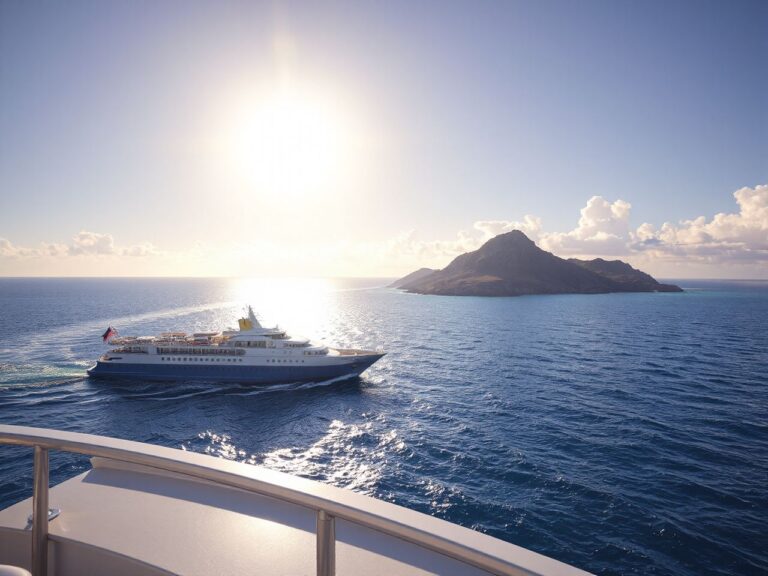 A serene ocean view with a luxurious cruise ship sailing past a sunlit tropical island coastline
