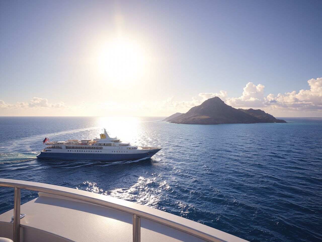 A serene ocean view with a luxurious cruise ship sailing past a sunlit tropical island coastline