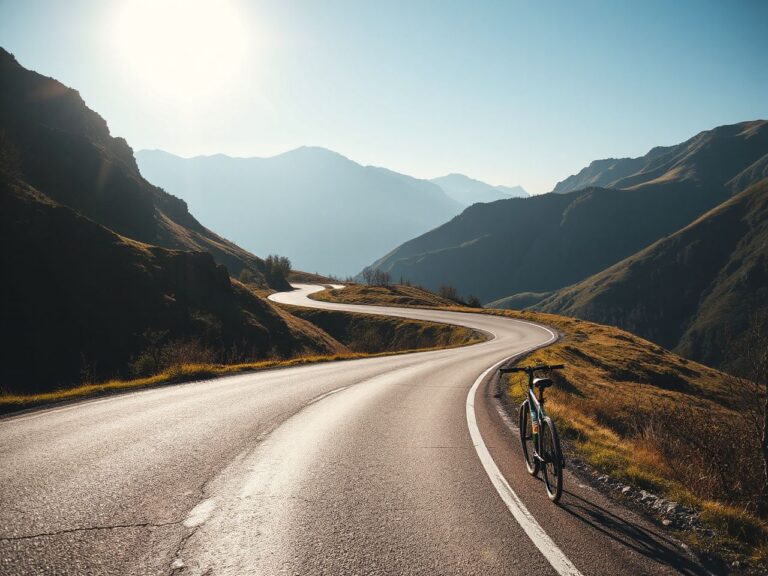 A winding mountain road bathed in sunlight, perfect for a scenic cycling adventure through nature