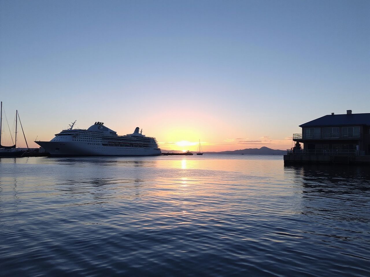A serene ocean harbor at sunrise with a docked cruise ship silhouette and calm blue waters
