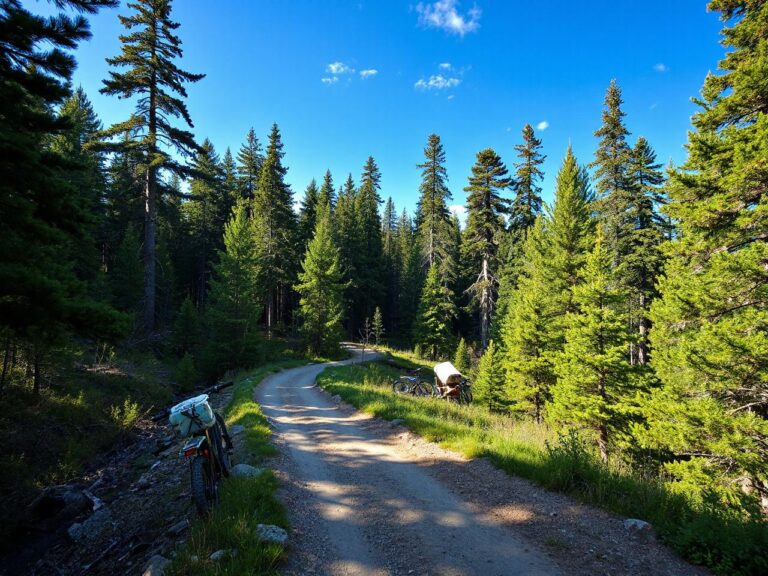 A winding mountain biking trail cutting through dense pine forest under a bright blue sky