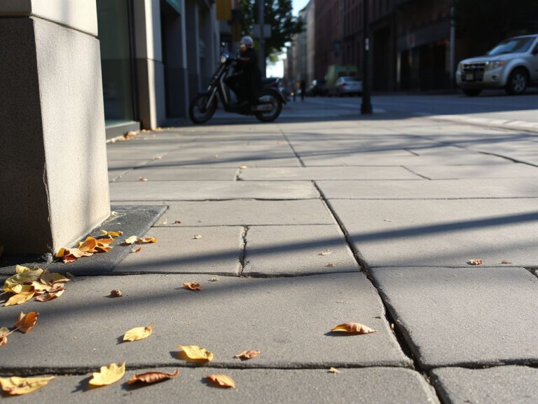 Sunlit city street with worn pavement and scattered leaves, highlighting urban walking conditions in New York City
