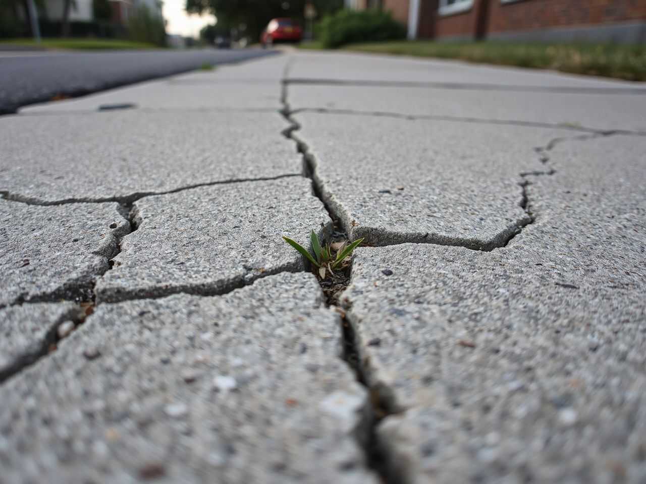 Close-up of cracked concrete sidewalk with small weeds growing through, illustrating the harsh impact on shoe midsoles