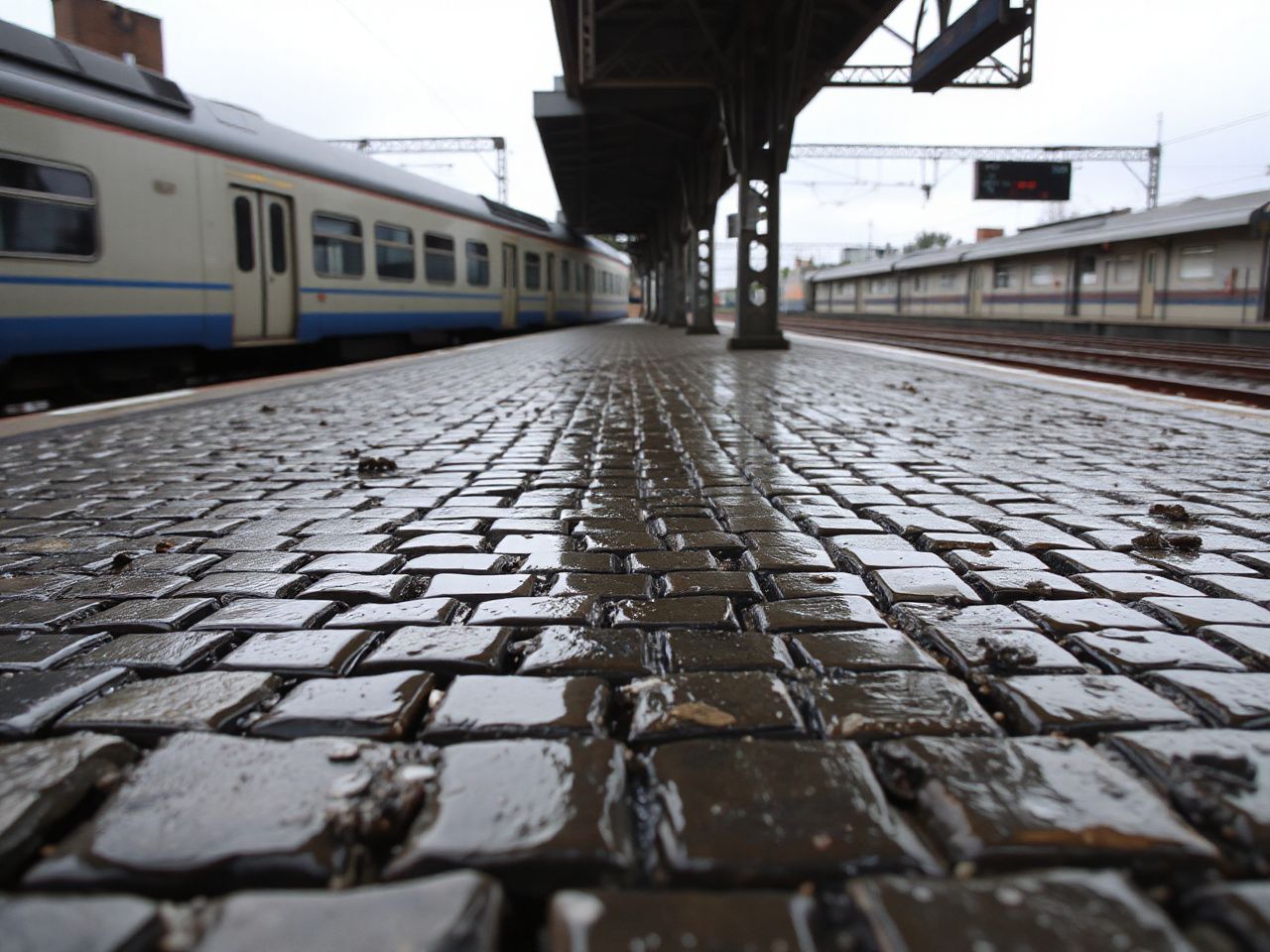 Wet, muddy cobblestone platform at a European train station with puddles reflecting overcast sky