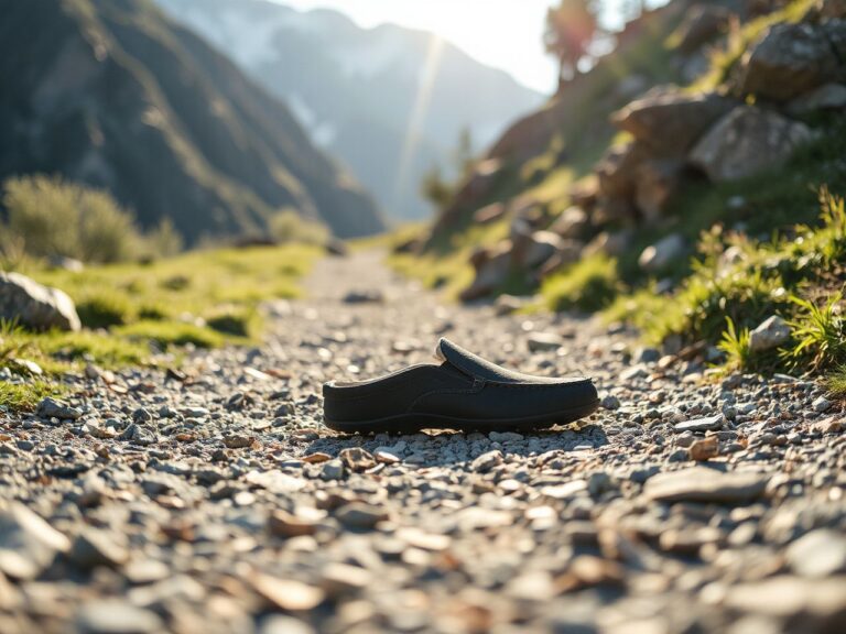 A rugged mountain trail bathed in morning sunlight, perfect for showcasing durable slip-on shoes for men