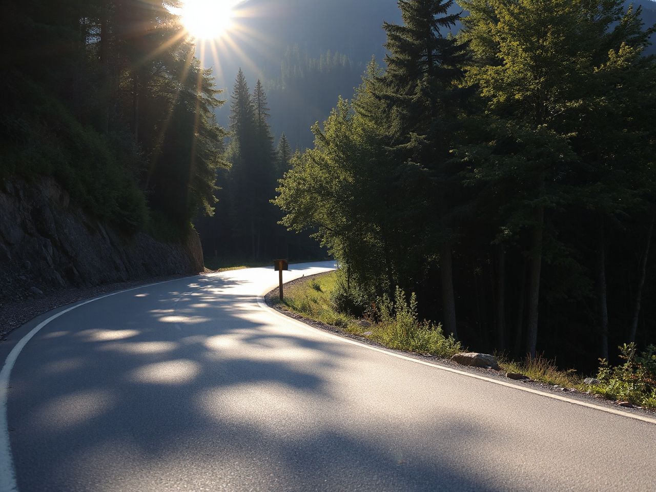 Sunlit mountain road winding through dense forest, illustrating the importance of verifying actual travel routes
