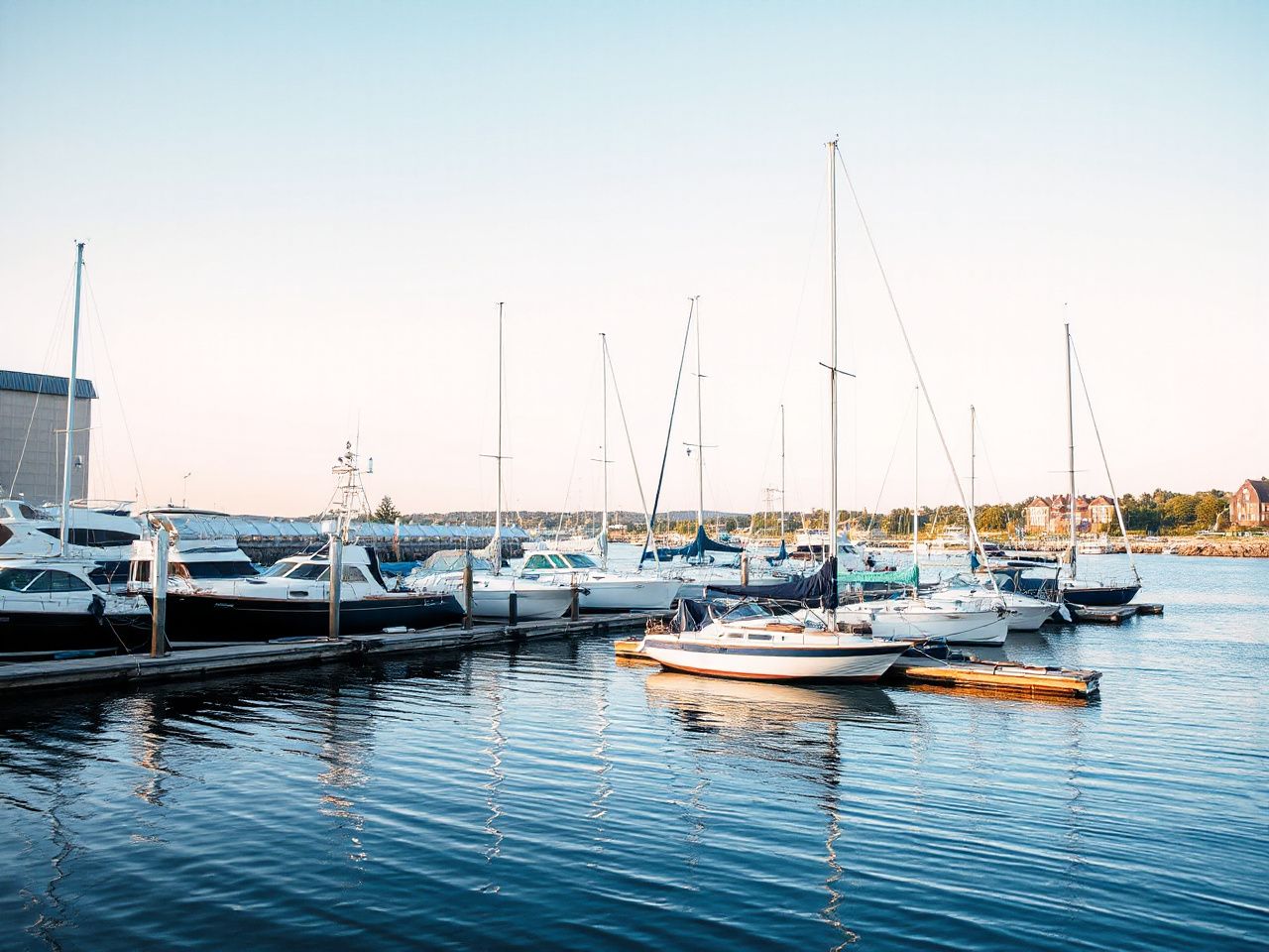 Quiet harbor with boats docked under clear sky, highlighting outdoor settings for currency exchange tips