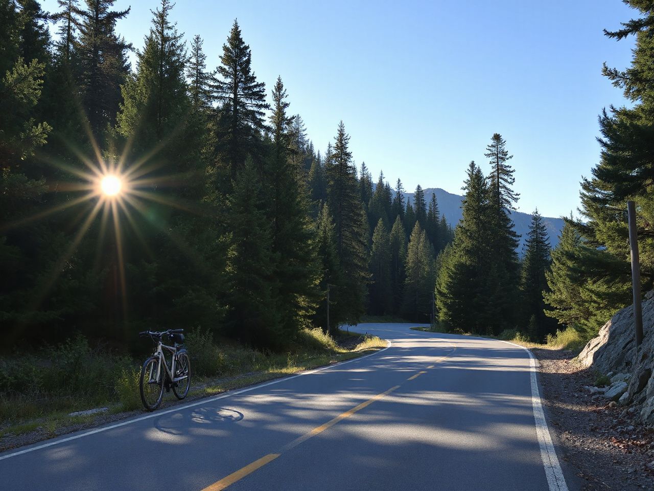 A sunlit mountain road winding through dense pine forest, perfect for a supported bicycle tour